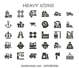 heavy icon set. 30 filled heavy icons. Included Nuclear plant, Weights, Crane, Factory, Forklift, Trailer, Anchor, Bench press, Wheelbarrow, Balance, Barbell, Dumbbell, Punching bag icons
