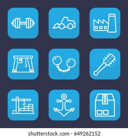 Heavy icon. set of 9 outline heavy icons such as factory, excavator, cargo container, cargo crane, construction  crane, anchor, mace, ball chain