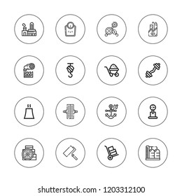 Heavy icon set. collection of 16 outline heavy icons with anchor, barbell, crane, dumbbell, factory, nuclear plant, refinery, roller, weight, weightlifting icons.