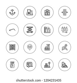 Heavy icon set. collection of 16 outline heavy icons with anchor, barbell, bulldozer, dumbbell, factory, fitness bench, lift, medicine balls, jam, nuclear plant icons.
