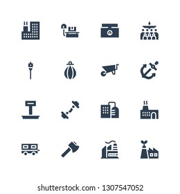 heavy icon set. Collection of 16 filled heavy icons included Eco factory, Factory, Axe, Trailer, Dumbbell, Weight, Anchor, Wheelbarrow, Punching bag, Auger, Mass, Weighing scale