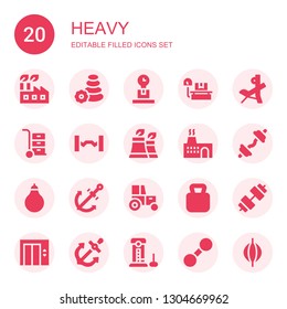 heavy icon set. Collection of 20 filled heavy icons included Factory, Stone, Weight, Bench press, Wheelbarrow, Barbell, Dumbbell, Punching bag, Anchor, Tractor, Kettlebell, Lift