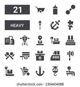 heavy icon set. Collection of 21 filled heavy icons included Weightlifting, Crane, Anchor, Wheelbarrow, Weight, Axe, Factory, Hydraulic breaker, Auger, Dumbbell, Punching bag
