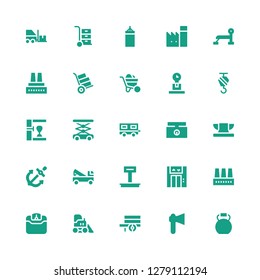 heavy icon set. Collection of 25 filled heavy icons included Kettlebell, Axe, Wheelbarrow, Bulldozer, Weight, Factory, Lift, Crane, Anchor, Anvil, Weighing scale, Trailer, Punching bag