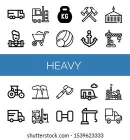 heavy icon set. Collection of Lorry, Weighlifter, Forklift, Wheelbarrow, Kettlebell, Medicine ball, Axes, Anchor, Container, Crane, Tractor, Power plant, Axe, Weightlifting icons