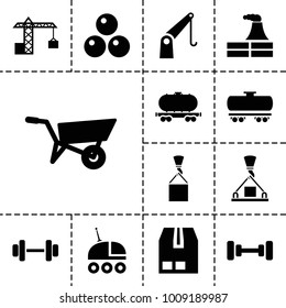 Heavy icons. set of 13 editable filled heavy icons such as wheel barrow, factory, barbell, cargo container, cargo wagon, canon ball, construction crane