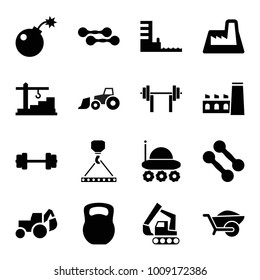 Heavy icons. set of 16 editable filled heavy icons such as excavator, hook with cargo, barbell, dumbbell, wheelbarrow, tractor, factory, harbor, construction  crane, bomb
