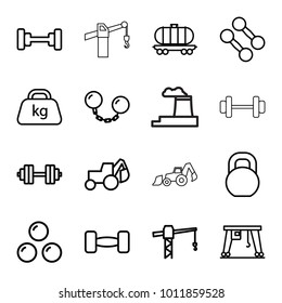 Heavy icons. set of 16 editable outline heavy icons such as barbell, construction crane, excavator, dumbbell, cargo wagon, cargo crane, weight, barbell   isolated, canon ball