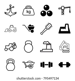 Heavy icons. set of 16 editable filled and outline heavy icons such as factory, barbell   isolated, canon ball, construction crane, excavator, kettle bell, wheelbarrow, anchor