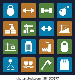 heavy icons set. Set of 16 heavy filled icons such as construction crane, factory, hook with cargo, axe, barbell, cargo container, cargo wagon, construction  crane, kettle