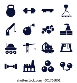 heavy icons set. Set of 16 heavy filled icons such as factory, barbell, construction crane, excavator, hook with cargo, cargo wagon, cargo crane, kettle, barbell   isolated