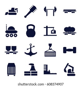 Heavy icons set. set of 16 heavy filled icons such as factory, excavator, cargo container, cargo wagon, anchor, cargo on hook, construction  crane, harbor, barbell, mace