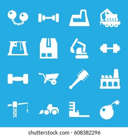 Heavy icons set. set of 16 heavy filled icons such as wheel barrow, barbell, construction crane, excavator, cargo container, cargo crane, factory, harbor, barbell   isolated