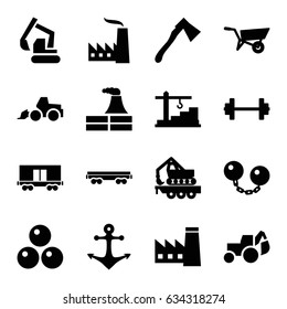 Heavy icons set. set of 16 heavy filled icons such as wheel barrow, factory, excavator, axe, cargo wagon, cargo crane, construction  crane, anchor, canon ball, ball chain