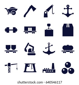 Heavy icons set. set of 16 heavy filled icons such as construction crane, excavator, hook with cargo, axe, wheelbarrow, cargo container, anchor, factory, barbell   isolated