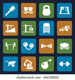 Heavy icons set. set of 16 heavy filled icons such as wheel barrow, barbell, excavator, cargo container, cargo wagon, cargo crane, construction  crane, barbell   isolated