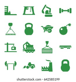 Heavy icons set. set of 16 heavy filled icons such as barbell, excavator, hook with cargo, wheelbarrow, cargo wagon, construction  crane, harbor, factory, bomb