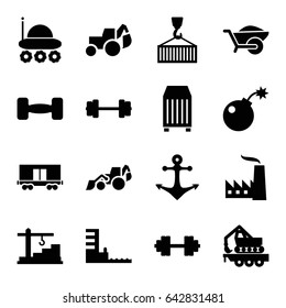 Heavy icons set. set of 16 heavy filled icons such as excavator, wheelbarrow, cargo container, cargo wagon, harbor, construction  crane, barbell, barbell   isolated, anchor
