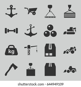 Heavy icons set. set of 16 heavy filled icons such as wheel barrow, barbell, construction crane, excavator, hook with cargo, axe, cargo container, anchor, cargo on hook