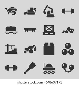 Heavy icons set. set of 16 heavy filled icons such as excavator, wheelbarrow, cargo on palette, cargo container, cargo wagon, construction  crane, barbell   isolated, mace
