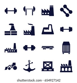 Heavy icons set. set of 16 heavy filled icons such as factory, excavator, cargo on palette, cargo container, cargo wagon, anchor, barbell   isolated, barbell