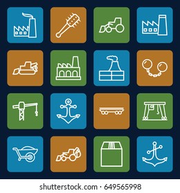 Heavy icons set. set of 16 heavy outline icons such as factory, construction crane, excavator, wheelbarrow, cargo container, cargo wagon, anchor, cargo crane, mace