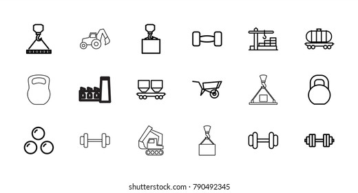 Heavy icons. set of 18 editable outline heavy icons: wheel barrow, hook with cargo, barbell, cargo wagon, construction  crane, barbell   isolated, canon ball, factory