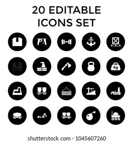 Heavy icons. set of 20 editable filled heavy icons such as factory, kettle bell, tractor, cargo wagon, weight. best quality heavy elements in trendy style.
