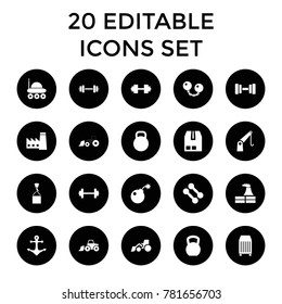 Heavy icons. set of 20 editable filled heavy icons such as factory, excavator, barbell, dumbbell, kettle bell, tractor. best quality heavy elements in trendy style.