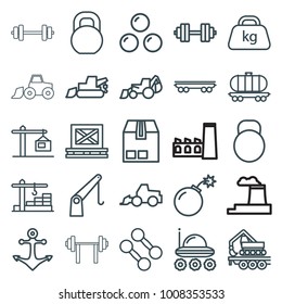 Heavy icons. set of 25 editable outline heavy icons such as excavator, dumbbell, barbell, tractor, cargo on palette, cargo container, weight, construction  crane, kettle
