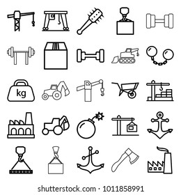 Heavy icons. set of 25 editable outline heavy icons such as wheel barrow, barbell, construction crane, excavator, hook with cargo, cargo container, anchor, cargo crane, weight