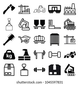 Heavy icons. set of 25 editable filled and outline heavy icons such as factory, excavator, weight, mace, hook with cargo, barbell, wheelbarrow, cargo container