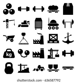 Heavy icons set. set of 25 heavy filled icons such as wheel barrow, construction crane, factory, excavator, hook with cargo, barbell, cargo on palette, anchor, weight