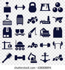 Heavy icons set. set of 25 heavy filled icons such as wheel barrow, excavator, hook with cargo, barbell, cargo container, factory, construction  crane, anchor, mace