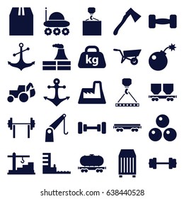 Heavy icons set. set of 25 heavy filled icons such as wheel barrow, factory, barbell, excavator, hook with cargo, axe, cargo container, anchor, weight, harbor