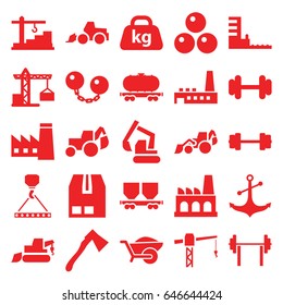 Heavy icons set. set of 25 heavy filled icons such as construction crane, factory, excavator, hook with cargo, axe, wheelbarrow, barbell, cargo container, cargo wagon, anchor