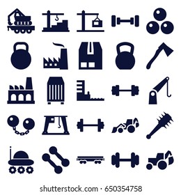 Heavy icons set. set of 25 heavy filled icons such as barbell, excavator, axe, cargo container, cargo wagon, cargo crane, factory, construction  crane, harbor, kettle, mace