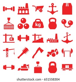 Heavy icons set. set of 25 heavy filled icons such as wheel barrow, barbell, construction crane, excavator, hook with cargo, axe, cargo container, anchor, weight, factory