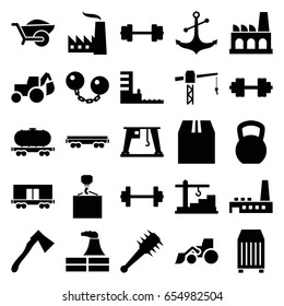 Heavy icons set. set of 25 heavy filled icons such as factory, construction crane, excavator, hook with cargo, axe, wheelbarrow, cargo container, anchor, harbor