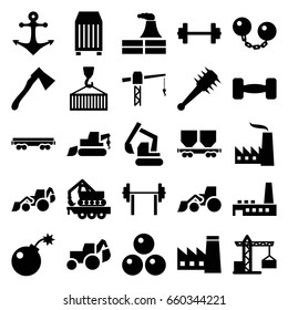 Heavy icons set. set of 25 heavy filled icons such as construction crane, factory, excavator, axe, cargo container, cargo wagon, barbell, anchor, bomb, mace, canon ball