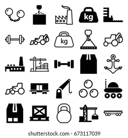 Heavy icons set. set of 25 heavy filled and outline icons such as construction crane, barbell, hook with cargo, cargo on palette, weight, factory, harbor, tractor, excavator