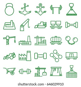 Heavy icons set. set of 25 heavy outline icons such as wheel barrow, construction crane, factory, barbell, excavator, hook with cargo, cargo wagon, anchor, construction  crane
