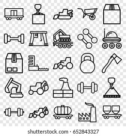 Heavy icons set. set of 25 heavy outline icons such as wheel barrow, factory, barbell, excavator, hook with cargo, axe, cargo container, harbor, tractor