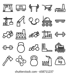 Heavy icons set. set of 25 heavy outline icons such as wheel barrow, construction crane, excavator, axe, cargo wagon, cargo crane, weight, factory, harbor, construction  crane