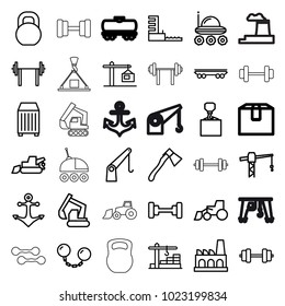 Heavy icons. set of 36 editable outline heavy icons such as barbell, construction crane, excavator, hook with cargo, axe, tractor, cargo container, factory
