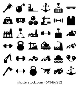 Heavy icons set. set of 36 heavy filled icons such as wheel barrow, construction crane, barbell, excavator, hook with cargo, axe, cargo container, anchor, weight, factory