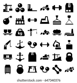 Heavy icons set. set of 36 heavy filled icons such as construction crane, excavator, hook with cargo, barbell, cargo container, anchor, weight, factory, harbor