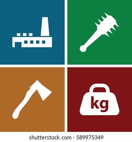 heavy icons set. Set of 4 heavy filled icons such as axe, weight, factory