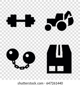Heavy icons set. set of 4 heavy filled icons such as excavator, cargo container, barbell   isolated
