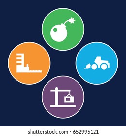 Heavy icons set. set of 4 heavy filled icons such as excavator, construction  crane, harbor
